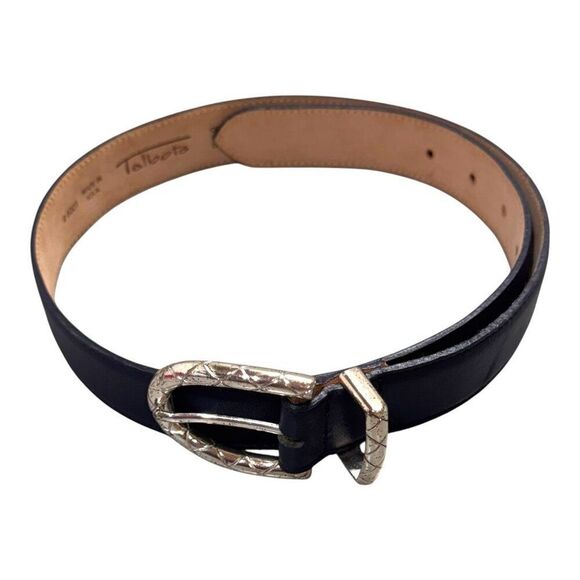 Genuine Italian Leather Black Belt Silver Buckle By Talbots Made USA Size M READ - Picture 1 of 5